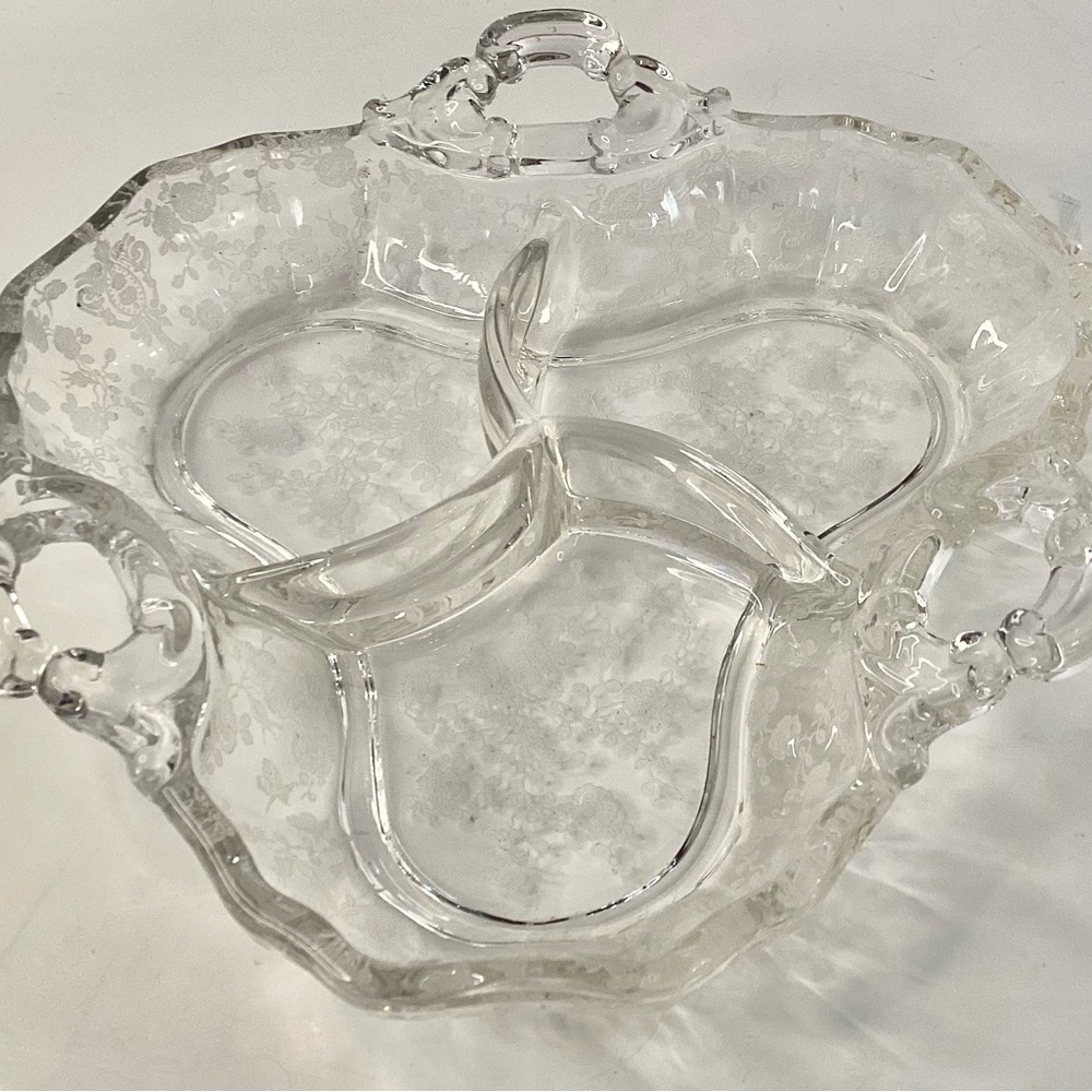 Vintage Cambridge Glass Rose Point 3 Section Relish Dish Decorative Candy
